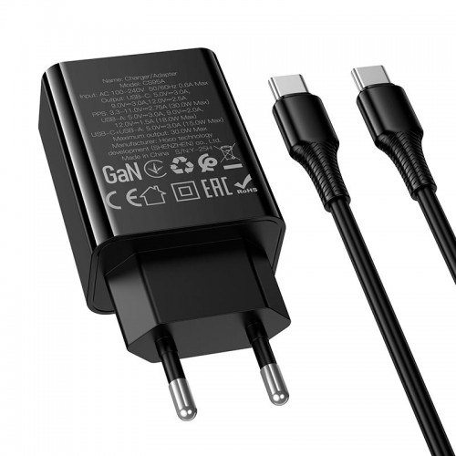 Мережевий зарядний пристрій Hoco C to C cable Leader charger set CS95A 1USB/1Type-C, PD/QC, 30W/3A black
