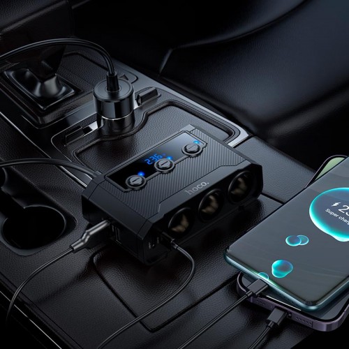 Автомобильный адаптер Hoco Anshun digital display 3-in-1 cigarette lighter car charger Z64 2USB/2Type-C, 15W USB+240W DC black