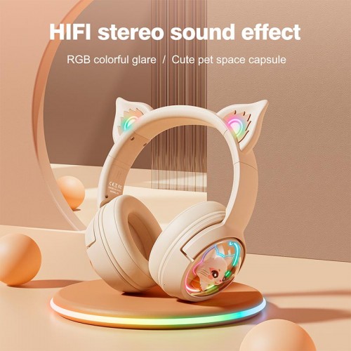 Бездротові Bluetooth навушники накладні Onikuma Cat Ear Wireless Gaming Headset B5 BT/AUX, Type-C, 55H, RGB beige