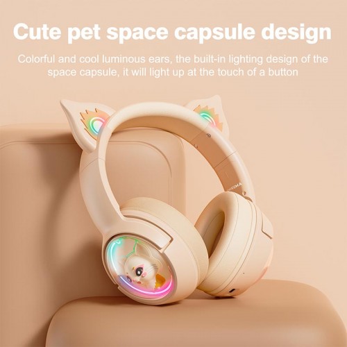 Бездротові Bluetooth навушники накладні Onikuma Cat Ear Wireless Gaming Headset B5 BT/AUX, Type-C, 55H, RGB beige