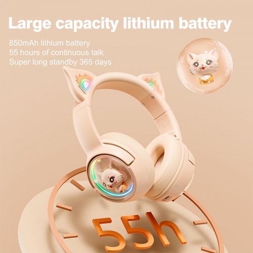 Бездротові Bluetooth навушники накладні Onikuma Cat Ear Wireless Gaming Headset B5 BT/AUX, Type-C, 55H, RGB beige
