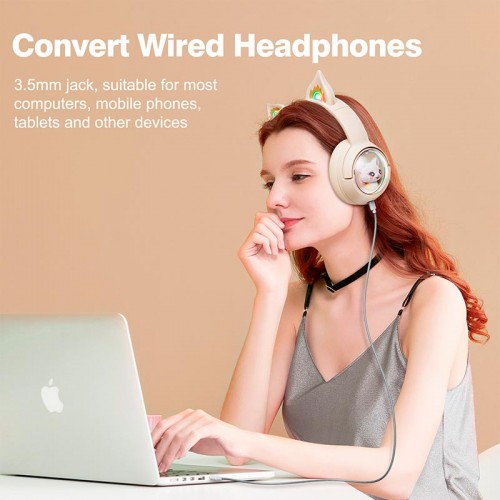 Бездротові Bluetooth навушники накладні Onikuma Cat Ear Wireless Gaming Headset B5 BT/AUX, Type-C, 55H, RGB beige