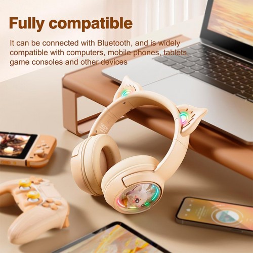 Бездротові Bluetooth навушники накладні Onikuma Cat Ear Wireless Gaming Headset B5 BT/AUX, Type-C, 55H, RGB beige