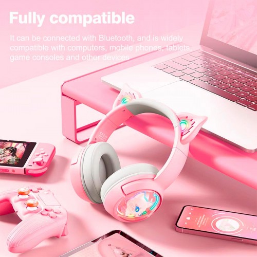 Беспроводные Bluetooth наушники накладные Onikuma Cat Ear Wireless Gaming Headset B5 BT/AUX, Type-C, 55H, RGB розовые
