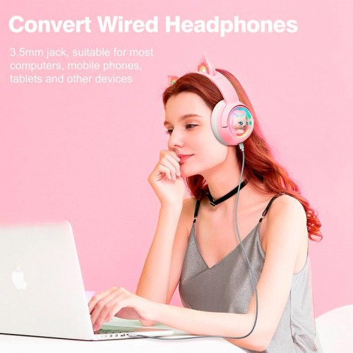 Беспроводные Bluetooth наушники накладные Onikuma Cat Ear Wireless Gaming Headset B5 BT/AUX, Type-C, 55H, RGB розовые