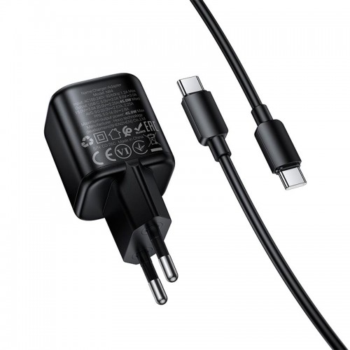 Мережевий адаптер HOCO Mini з одним портом та кабелем C–C N84 1C, 45 Вт/3 A, PD3.2/QC чорний