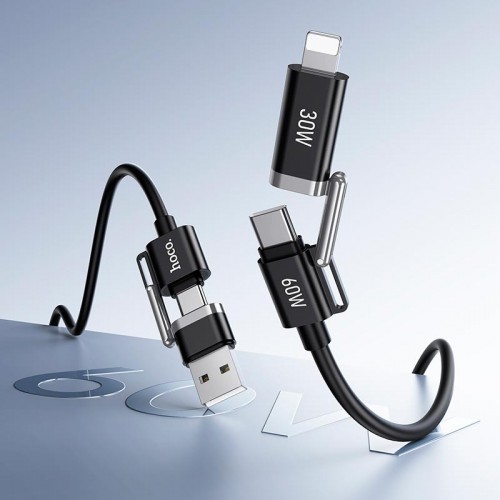 Кабель HOCO USB/C на iP/C Benefit 4-в-1 силіконовий кабель для заряджання та передачі даних U155 |1.2м, 60W/3A| чорний