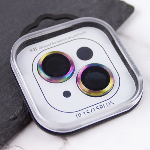 Захисне скло Metal Classic на камеру (у упак.) для Apple iPhone 15 (6.1") / 15 Plus (6.7") Бузковий / Rainbow