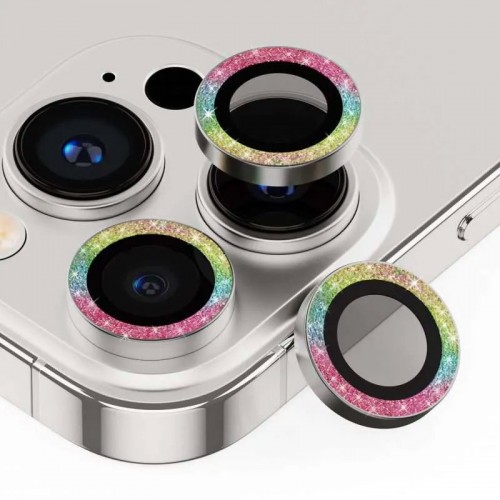 Защитное стекло Metal Sparkles на камеру (в упак.) для Apple iPhone 15 Pro (6.1") /15 Pro Max (6.7") Сиреневый / Rainbow