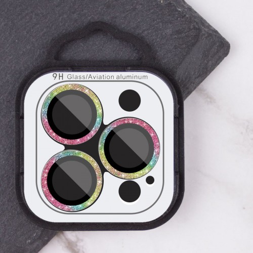 Защитное стекло Metal Sparkles на камеру (в упак.) для Apple iPhone 15 Pro (6.1") /15 Pro Max (6.7") Сиреневый / Rainbow