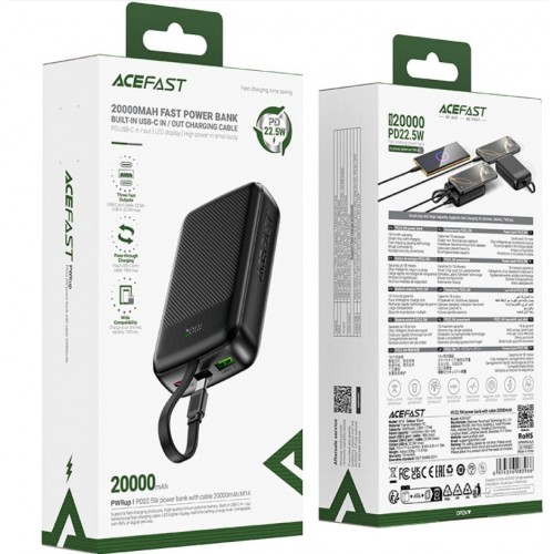 Зовнішній акумулятор ACEFAST M14 PD20W power bank with cable 20000mAh Black (6974316283966)