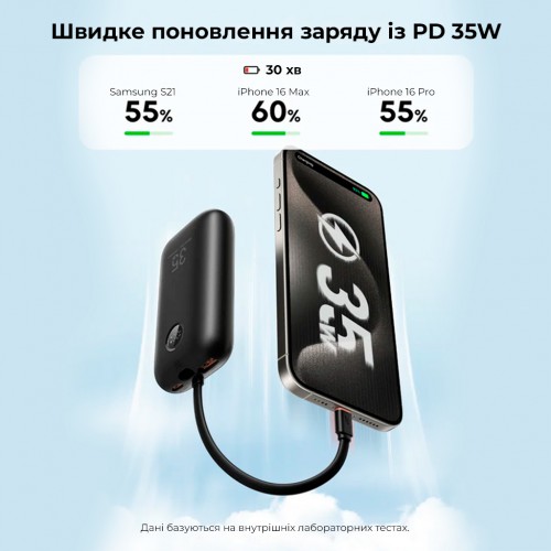 Зовнішній акумулятор VEGER 10000 mAh with built-in cables Type C / Lightning PD QC3.0 35W K1 (W1188) black (VG-W1188)