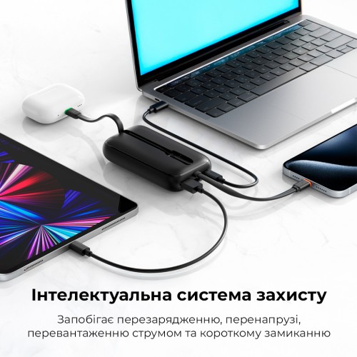Зовнішній акумулятор VEGER 10000 mAh with built-in cables Type C / Lightning PD QC3.0 35W K1 (W1188) black (VG-W1188)