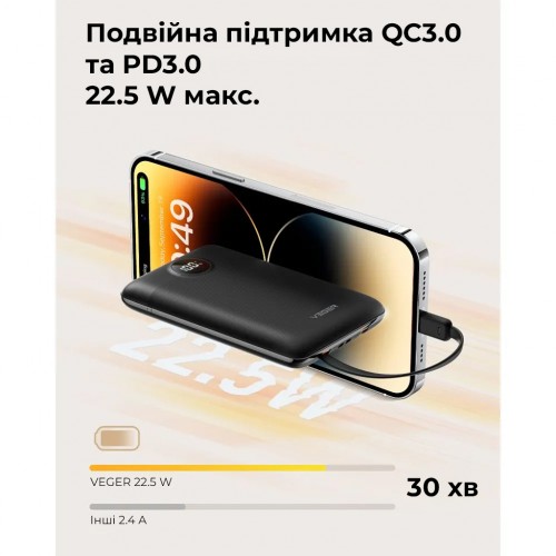 Зовнішній акумулятор VEGER 10000 мА·ч со встроенными кабелями Type C / Lightning PD QC3.0 2A 22,5W C11 (W1170) чёрный (VG-W1170)