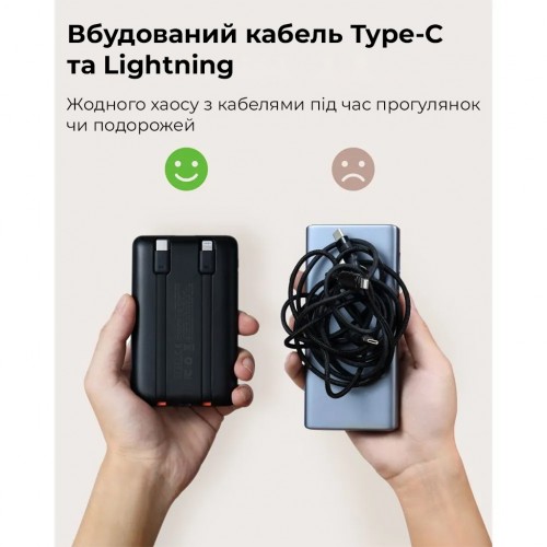 Зовнішній акумулятор VEGER 10000 мА·ч со встроенными кабелями Type C / Lightning PD QC3.0 2A 22,5W C11 (W1170) чёрный (VG-W1170)