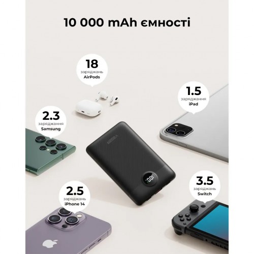 Зовнішній акумулятор VEGER 10000 мА·ч со встроенными кабелями Type C / Lightning PD QC3.0 2A 22,5W C11 (W1170) чёрный (VG-W1170)