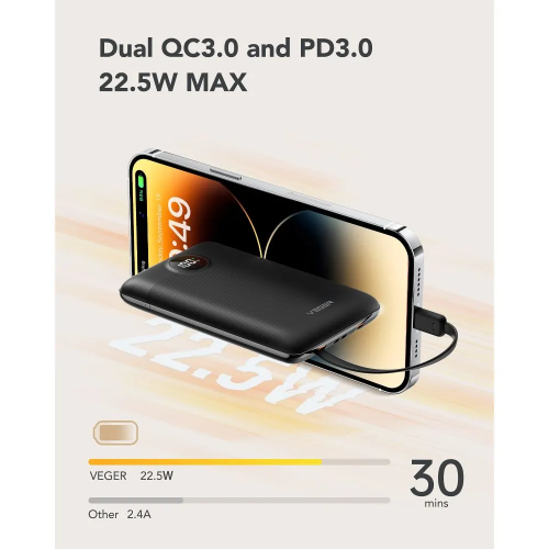 Зовнішній акумулятор VEGER 10000 mAh with built-in cables Type C / Lightning PD QC3.0 2A 22,5W C11 (W1170) black (VG-W1170)