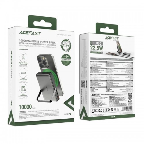 Зовнішній акумулятор ACEFAST M17 PD20W/22.5W magnetic fast charging power bank with built-in stand 10000mAh Black (6974316284000)