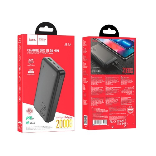 Зовнішній акумулятор HOCO J87A Tacker PD20W+QC3.0 power bank (20000mAh) Black