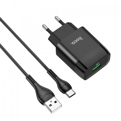 Мережевий зарядний пристрій з кабелем HOCO C72Q Glorious single port QC3.0 charger set(Type-C) 18W Black