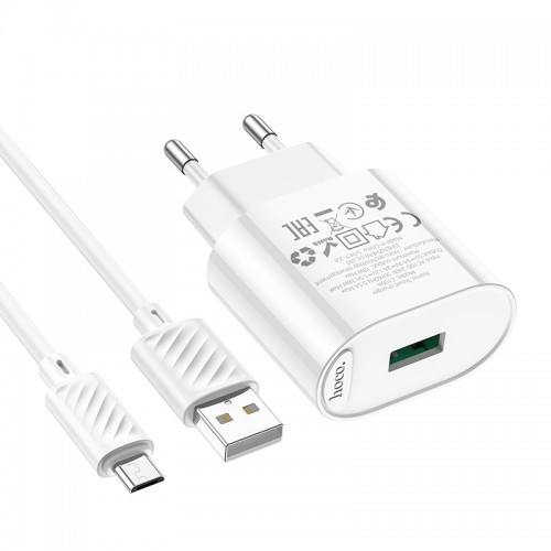 Мережевий зарядний пристрій з кабелем HOCO C109A Fighter single port QC3.0 charger set(Micro) White