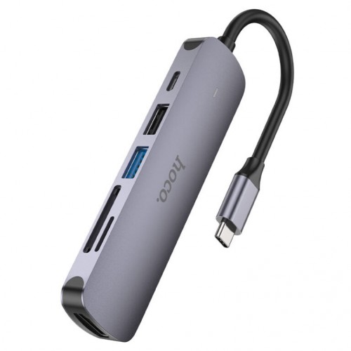 USB-хаб HOCO HB28 Многофункциональный конвертер Type-C (HDTV+USB3.0+USB2.0+SD+TF+PD) металлик серый