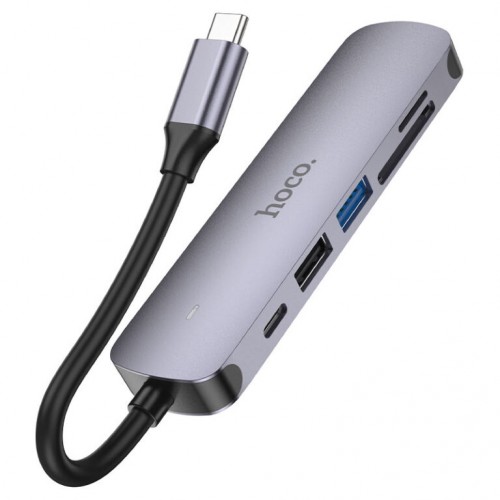 USB-хаб HOCO HB28 Многофункциональный конвертер Type-C (HDTV+USB3.0+USB2.0+SD+TF+PD) металлик серый