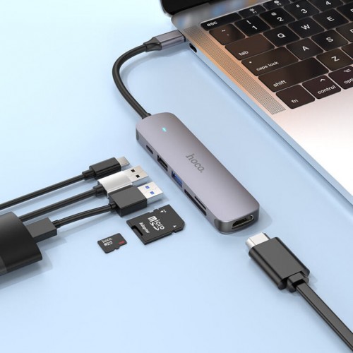 USB-хаб HOCO HB28 Многофункциональный конвертер Type-C (HDTV+USB3.0+USB2.0+SD+TF+PD) металлик серый