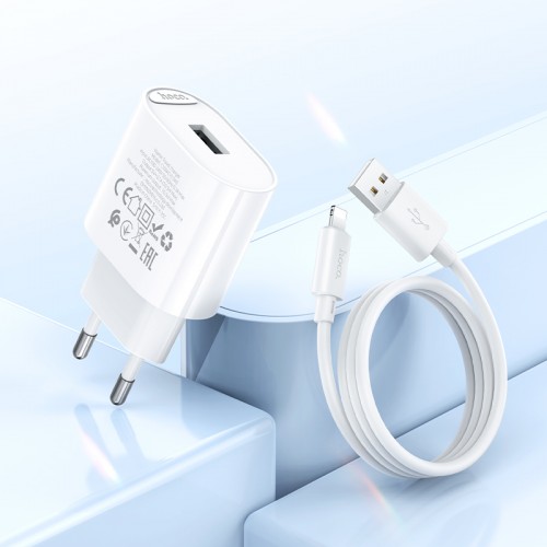 Мережевий зарядний пристрій з кабелем HOCO C109A(10.5W) Fighter single port charger set(iP) White