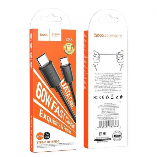 Кабель HOCO X88 Gratified 60W для зарядки и передачи данных Type-C — Type-C, чёрный