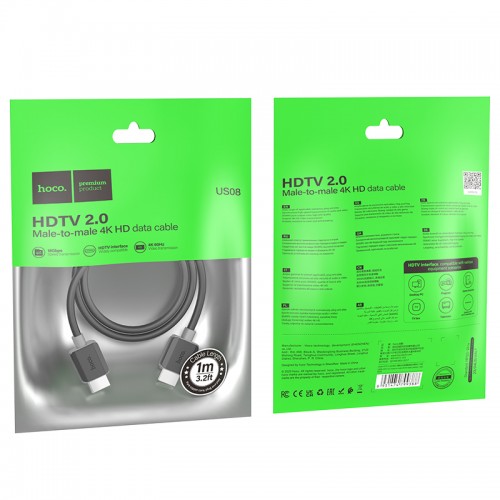Кабель HOCO US08 HDTV 2.0 male-to-male 4K HD data cable(L=1M) Black