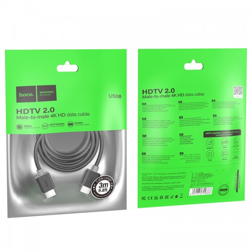 Кабель HOCO US08 HDTV 2.0 male-to-male 4K HD data cable(L=3M) Black