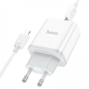 Мережевий зарядний пристрій з кабелем HOCO C105A Stage dual port PD20W+QC3.0 charger set (C to iP)(EU) White