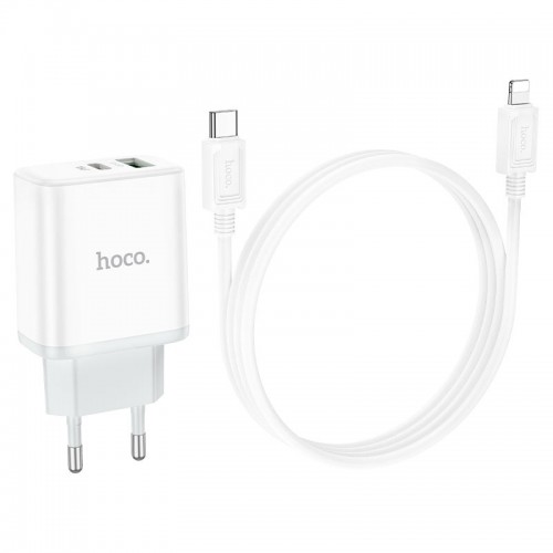 Сетевое зарядное устройство с кабелем HOCO C105A Stage, комплект зарядного устройства с двумя портами PD20W+QC3.0 (C to iP) (EU), белый