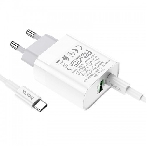 Мережевий зарядний пристрій з кабелем HOCO C80A Rapido PD20W+QC3.0 charger set (Type-C TO Type-C)(EU) White