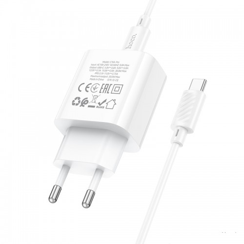 Мережевий зарядний пристрій HOCO C76A Pro Majestic single port PD30W charger set (Type-C to Type-C)(EU) White