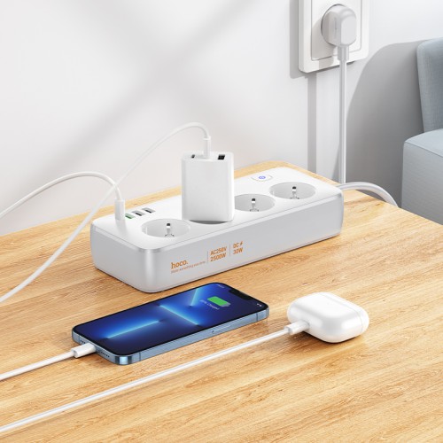 Сетевой удлинитель HOCO AC22 Sunlight 4-местный (PD30W/1C3A) настольная розетка (EU/GER) Белый