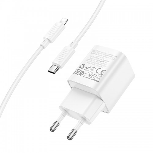 Мережевий зарядний пристрій з кабелем HOCO C146A Charm single port PD20W charger set (C to iP) (EU) White
