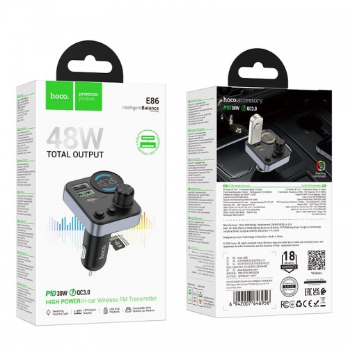 АЗП з FM-модулятором HOCO E86 Alegria 48W dual port PD30W+QC3.0 car BT FM transmitter Black