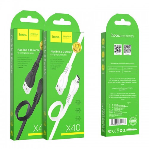 Кабель HOCO X40 USB – Micro 2.4A, 1 м, TPE, разъёмы TPE, чёрный
