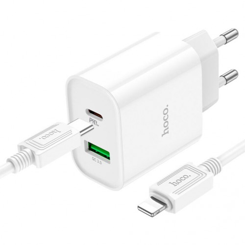 Мережевий зарядний пристрій з кабелем HOCO C80A Plus Rapido PD20W+QC3.0 charger set(C to iP) White