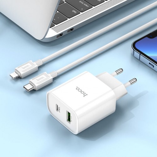 Мережевий зарядний пристрій з кабелем HOCO C80A Plus Rapido PD20W+QC3.0 charger set(C to iP) White