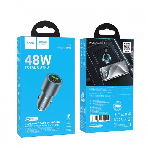 Автомобільний зарядний пристрій HOCO Z60 Bloom 48W dual-port PD30W+QC3.0 multi-protocol car charger Metal Gray