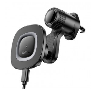 Автотримач для телефона з БЗП HOCO HW30 Crown magnetic wireless charging car holder (air outlet) Black Metal Gray