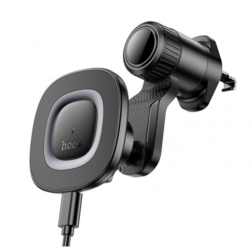 Автотримач для телефона з БЗП HOCO HW30 Crown magnetic wireless charging car holder (air outlet) Black Metal Gray