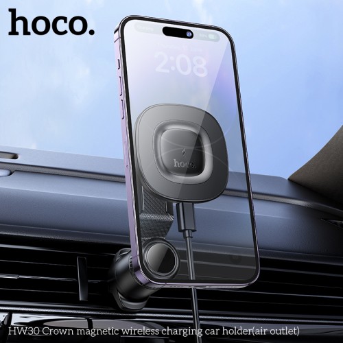 Автотримач для телефона з БЗП HOCO HW30 Crown magnetic wireless charging car holder (air outlet) Black Metal Gray