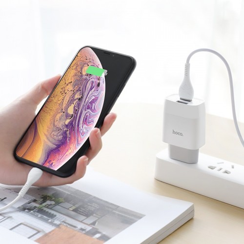Сетевое зарядное устройство с кабелем HOCO C73A Glorious dual port charger set (iP)(EU) White