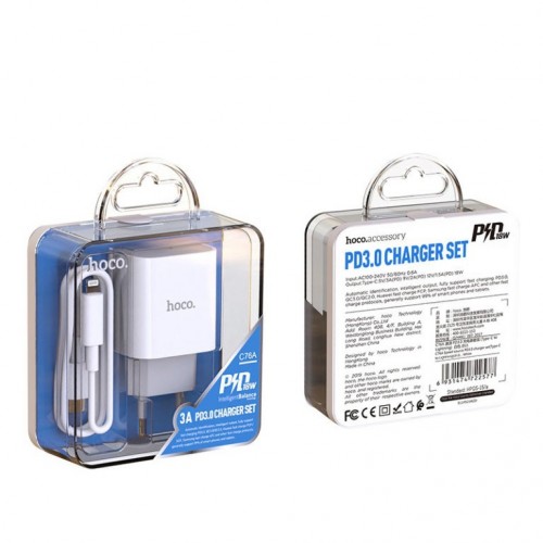 Сетевой зарядный прибор с кабелем HOCO C76A Plus Speed source PD20W charger set (C to iP) White