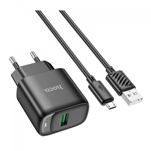 Сетевое зарядное устройство с кабелем HOCO C140A Smart single port QC3.0 charger set (Micro) (EU) Black