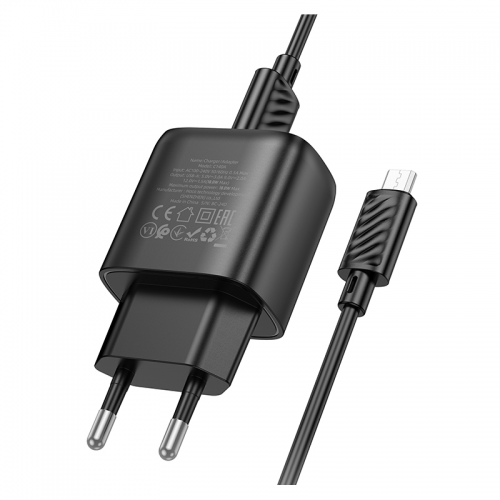 Сетевое зарядное устройство с кабелем HOCO C140A Smart single port QC3.0 charger set (Micro) (EU) Black